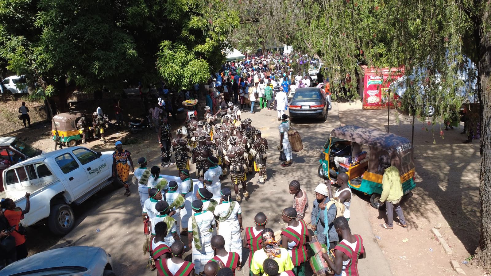 Aerial view of carnival crowds and troupes gathering under the trees at the National Museum, Jos